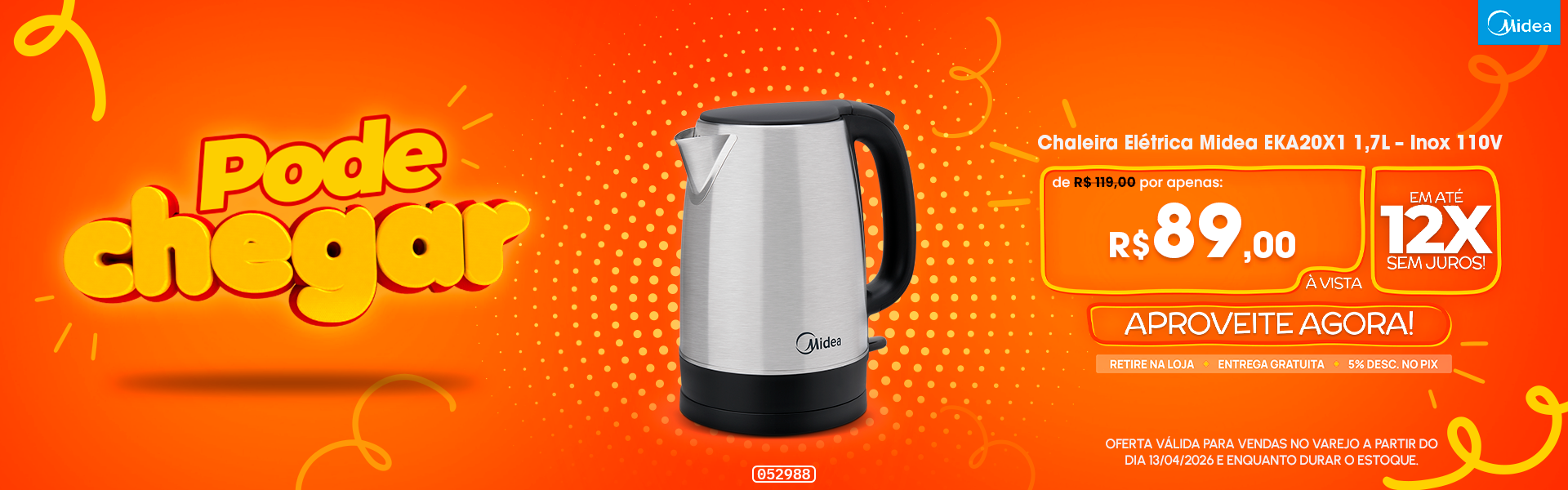 Chaleira Elétrica Midea EKA20X1 1,7L – Inox 110V