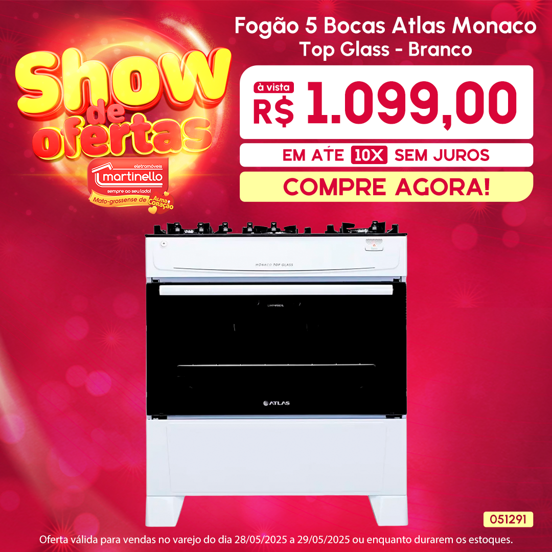 Fogão 5 Bocas Atlas Monaco Top Glass
