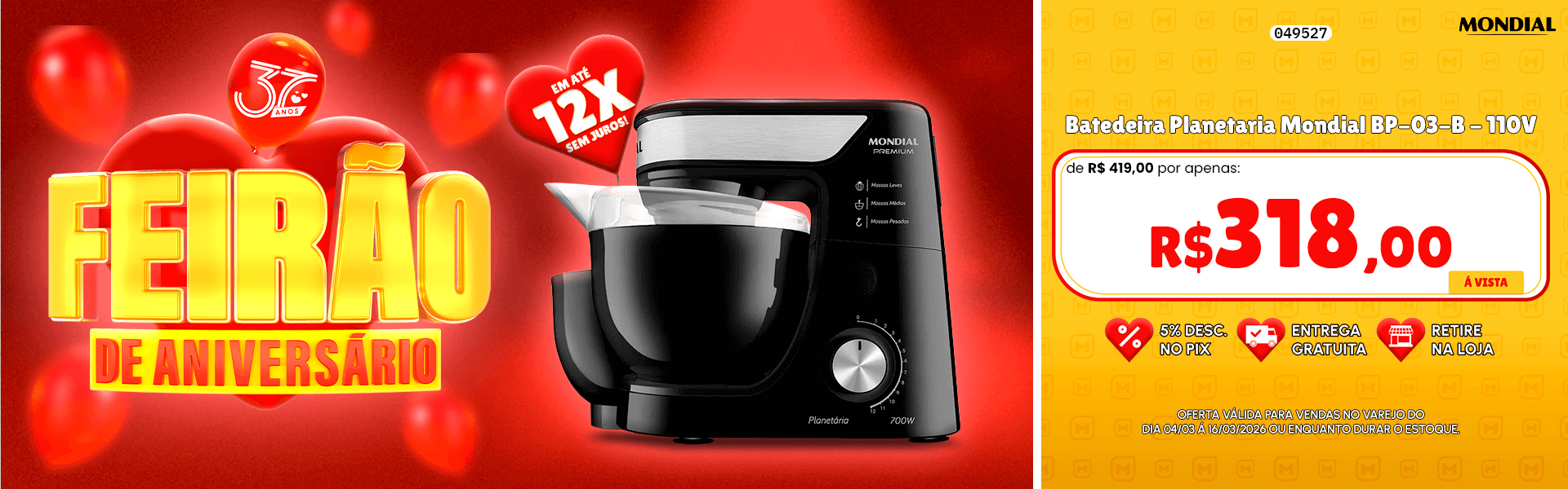 Batedeira Planetaria Mondial BP-03-B - 110V