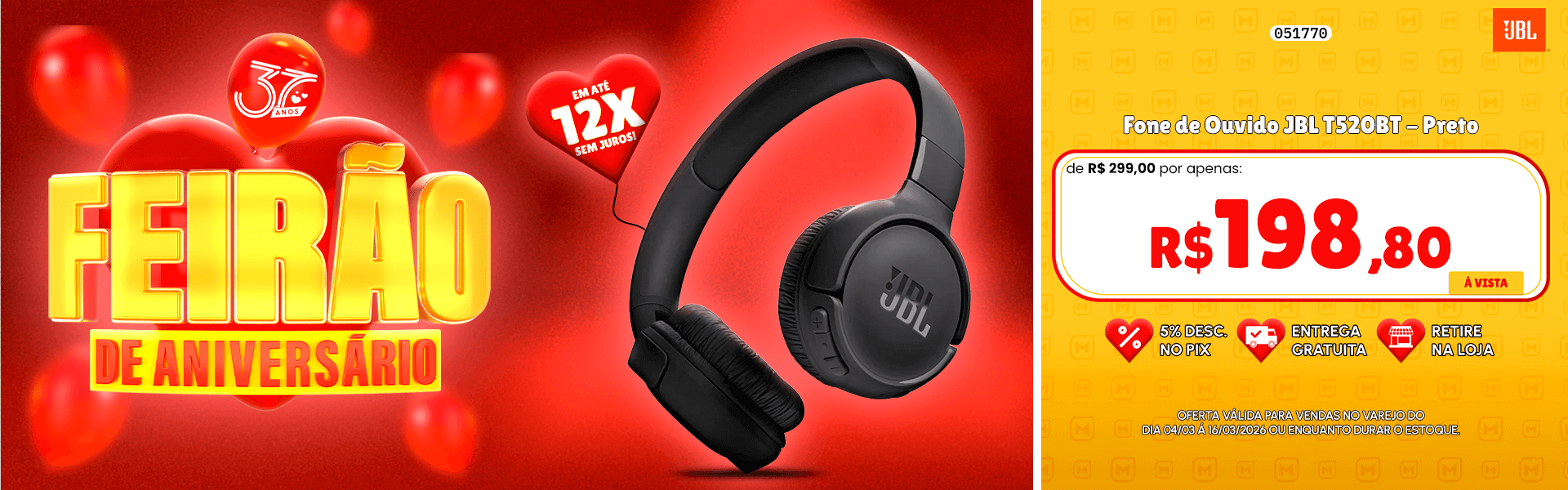 Fone de Ouvido JBL T520BT - Preto