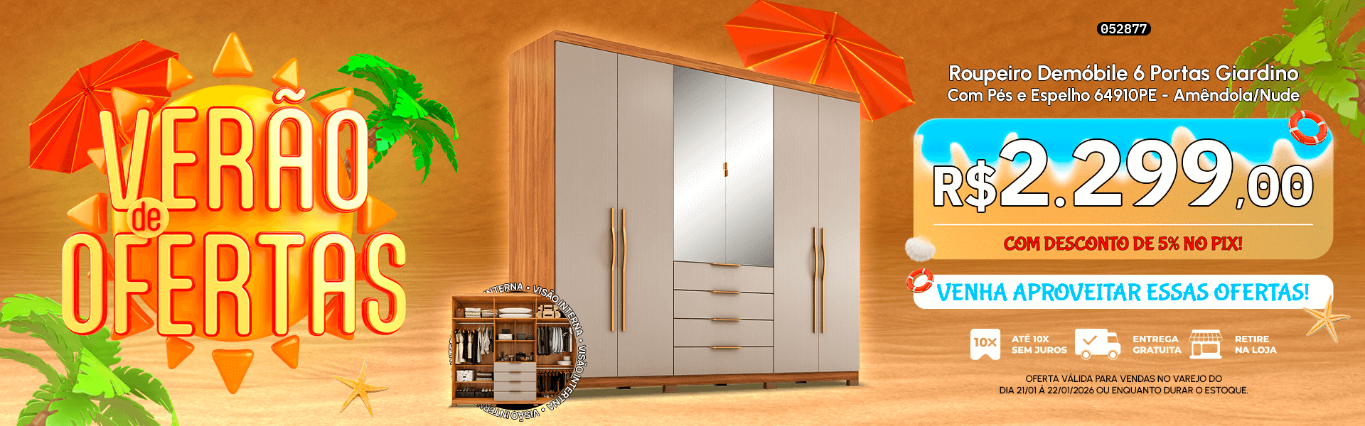 Roupeiro Demóbile 6 Portas Giardino Com Pés e Espelho 64910PE - Amêndola/Nude