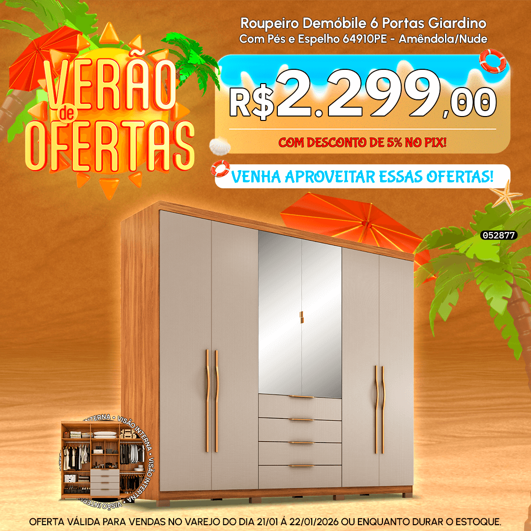 Roupeiro Demóbile 6 Portas Giardino Com Pés e Espelho 64910PE - Amêndola/Nude