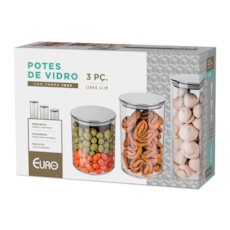 Jogo de Potes Euro 3 Peças Slin Com Tampa Inox - 6866 Jogo de Potes Euro 3 Peças Slin Com Tampa Inox - 6866