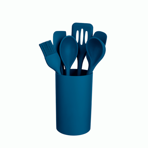 Jogo de Utensílios Euro 7 Peçass Silicone Com Suporte 3338 - Azul