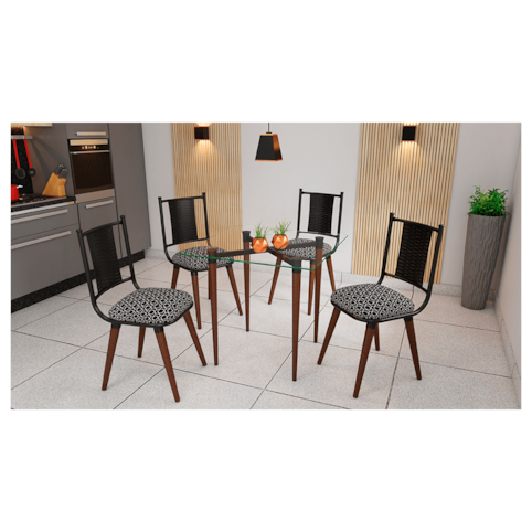 Conjunto com Mesa Tampo de Vidro 4 Cadeiras Pietra Aço Nobre