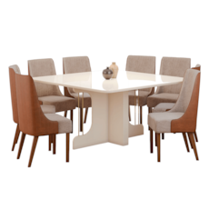 Mesa Henn Mavi Com 8 Cadeiras Ivy - Off White/Corano Caramelo/Creme