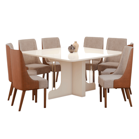 Mesa Henn Mavi Com 8 Cadeiras Ivy - Off White/Corano Caramelo/Creme