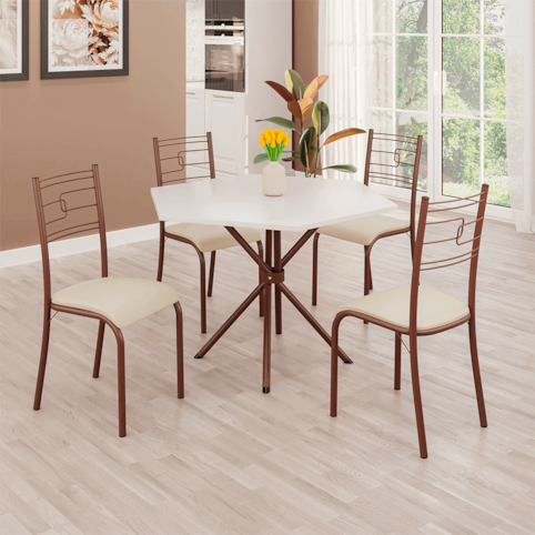 Mesa Teixeira Paraty Sextavada com 4 Cadeiras - Creme/Marrom/Off white