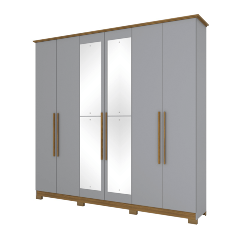 Roupeiro Henn Vigo 6 Portas Com Espelho e Pés - Cinza/Nature