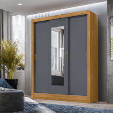 Roupeiro Moval 3 Portas de Correr Bolivia com Pés e Espelho - Freijo/Cinza Roupeiro Moval 3 Portas de Correr Bolivia com Pés e Espelho - Freijo/Cinza