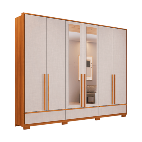 Roupeiro Notável 6 Portas NT6035 100% MDF Com Pés e Espelho - Freijó/Off White