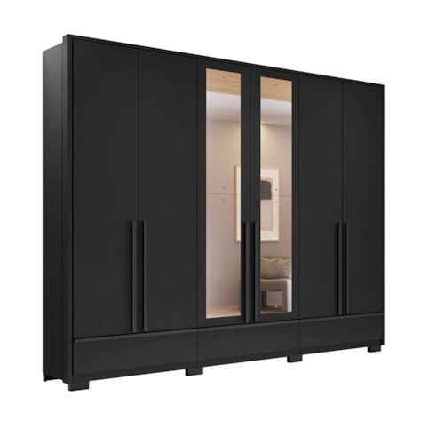 Roupeiro Notável 6 Portas NT6035 100% MDF com Pés e Espelho - Preto