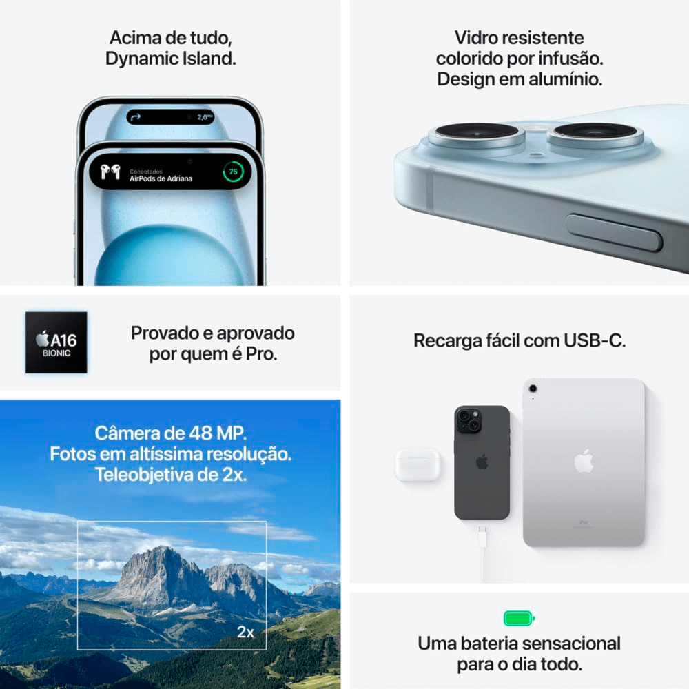 Smartphone Apple iPhone 15 128GB Azul 5G - Tela 6,1