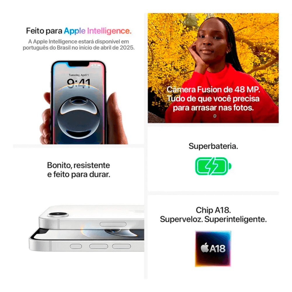 Smartphone Apple iPhone 16E 128GB Preto - Tela 6.1